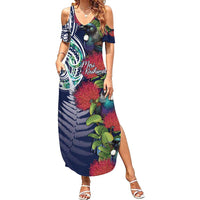Meri Kirihimete New Zealand Family Matching Summer Maxi Dress and Hawaiian Shirt Tui on Pohutukawa - Blue Ver