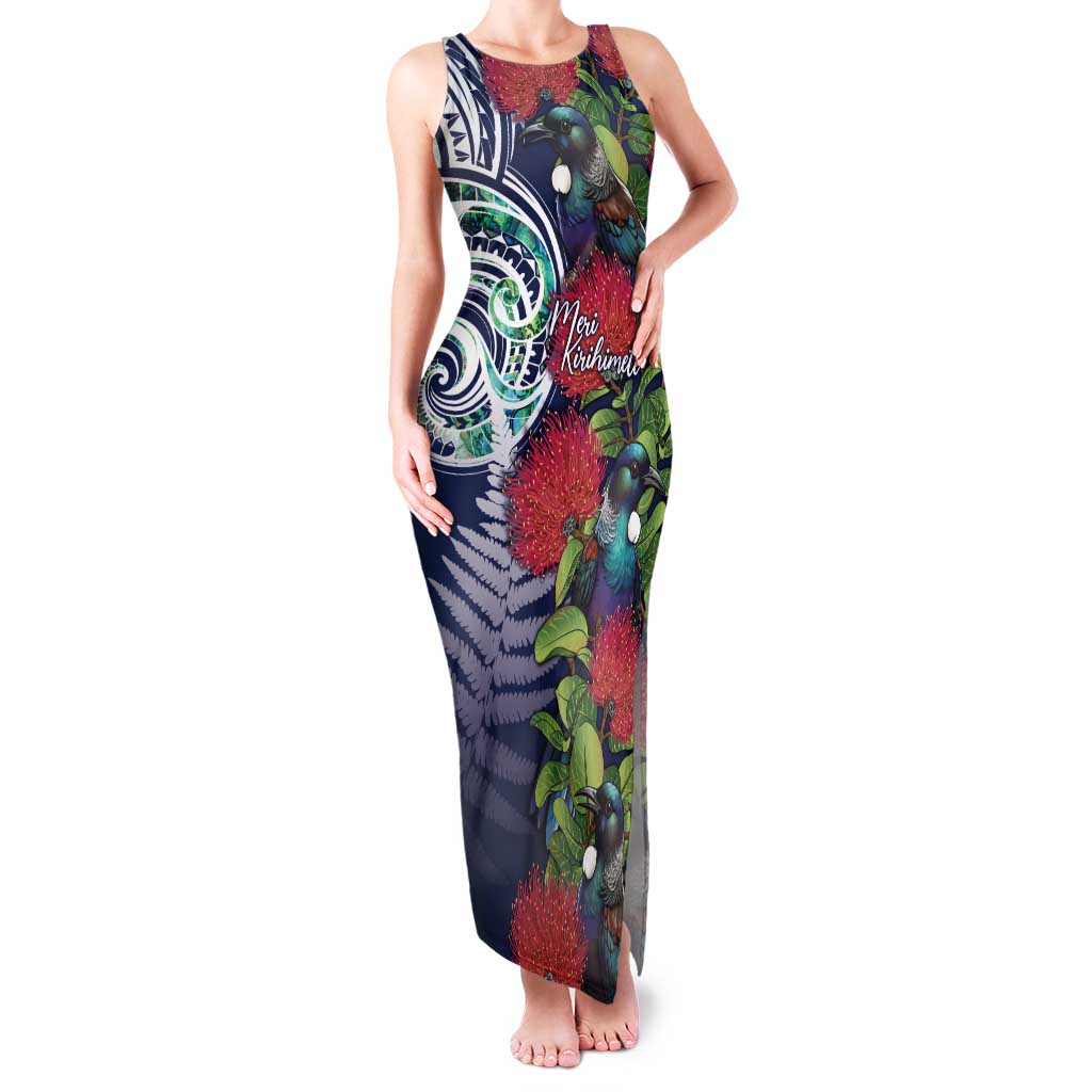 Meri Kirihimete New Zealand Family Matching Tank Maxi Dress and Hawaiian Shirt Tui on Pohutukawa - Blue Ver