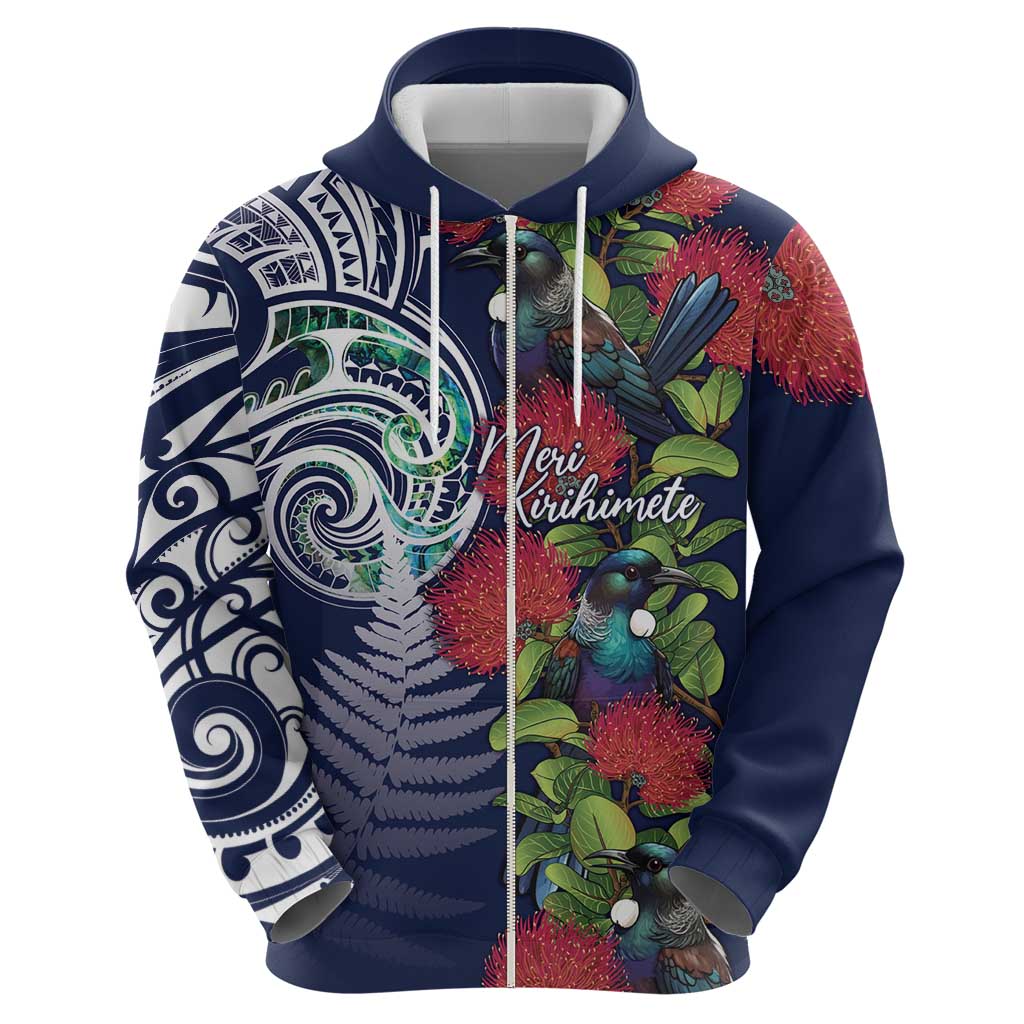 Meri Kirihimete New Zealand Hoodie Tui on Pohutukawa - Blue Ver