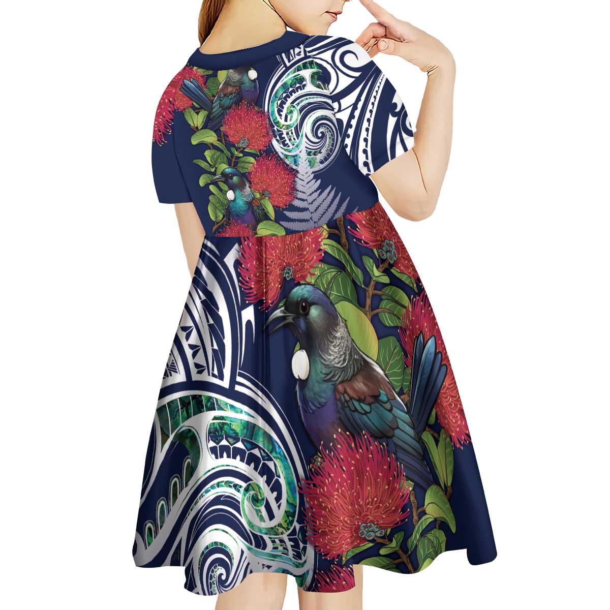 Meri Kirihimete New Zealand Kid Short Sleeve Dress Tui on Pohutukawa - Blue Ver