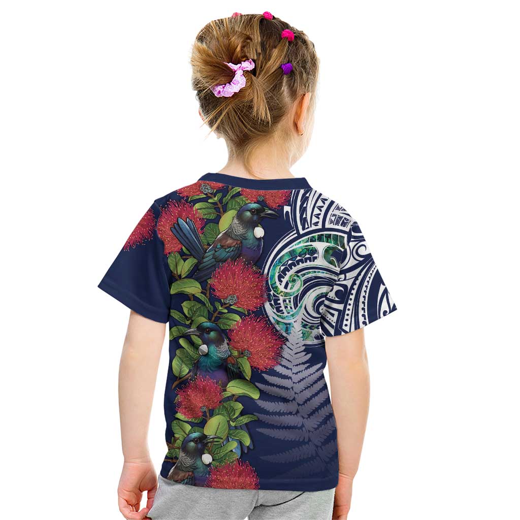Meri Kirihimete New Zealand Kid T Shirt Tui on Pohutukawa - Blue Ver