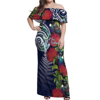 Meri Kirihimete New Zealand Off Shoulder Maxi Dress Tui on Pohutukawa - Blue Ver