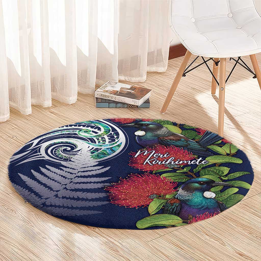 Meri Kirihimete New Zealand Round Carpet Tui on Pohutukawa - Blue Ver