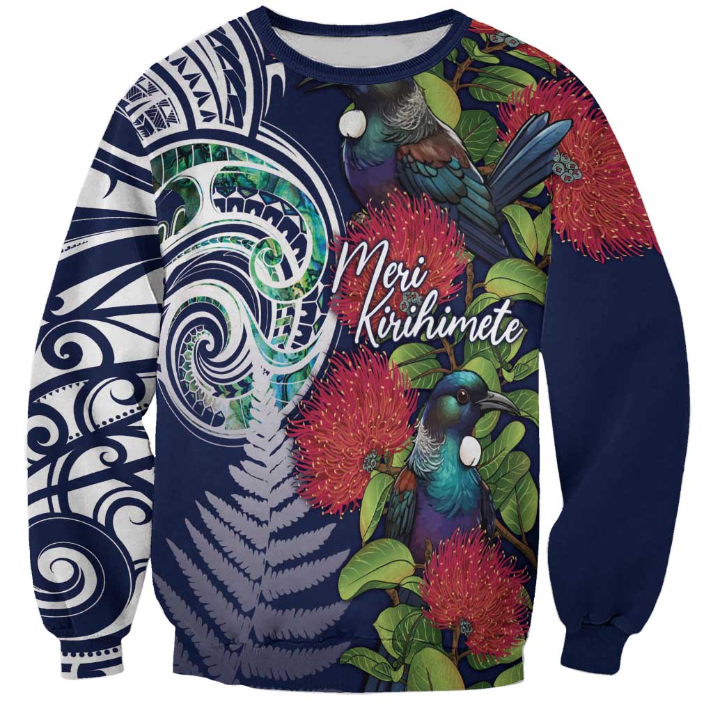 Meri Kirihimete New Zealand Sweatshirt Tui on Pohutukawa - Blue Ver