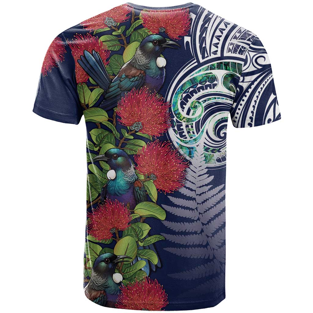 Meri Kirihimete New Zealand T Shirt Tui on Pohutukawa - Blue Ver