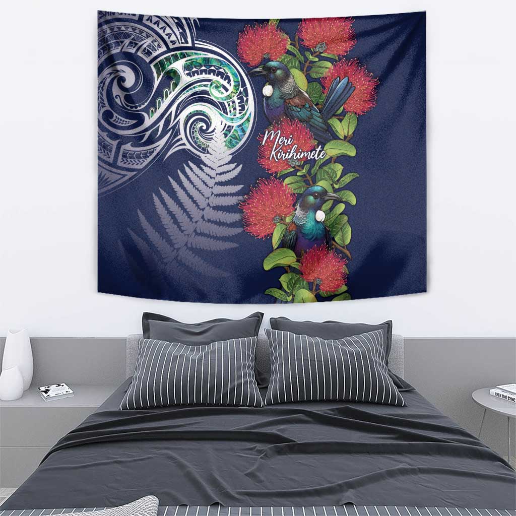 Meri Kirihimete New Zealand Tapestry Tui on Pohutukawa - Blue Ver