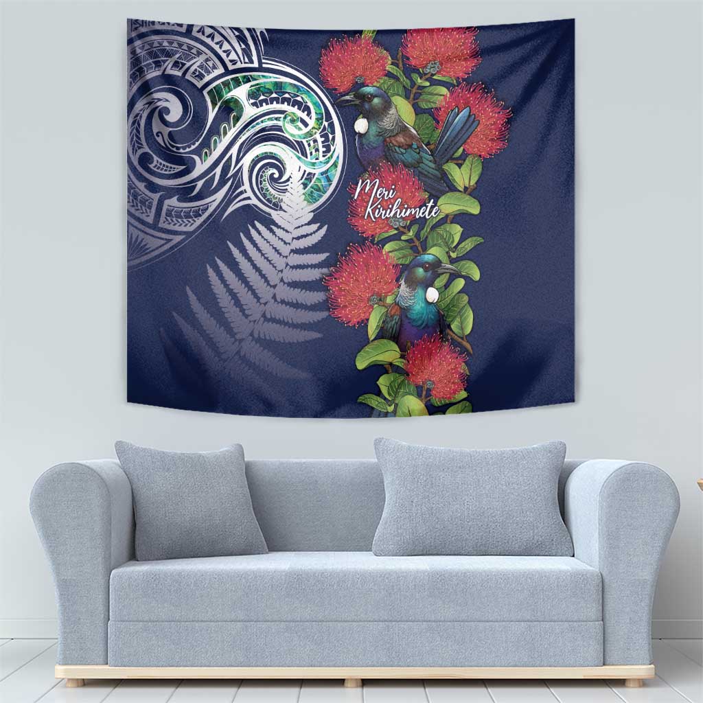 Meri Kirihimete New Zealand Tapestry Tui on Pohutukawa - Blue Ver