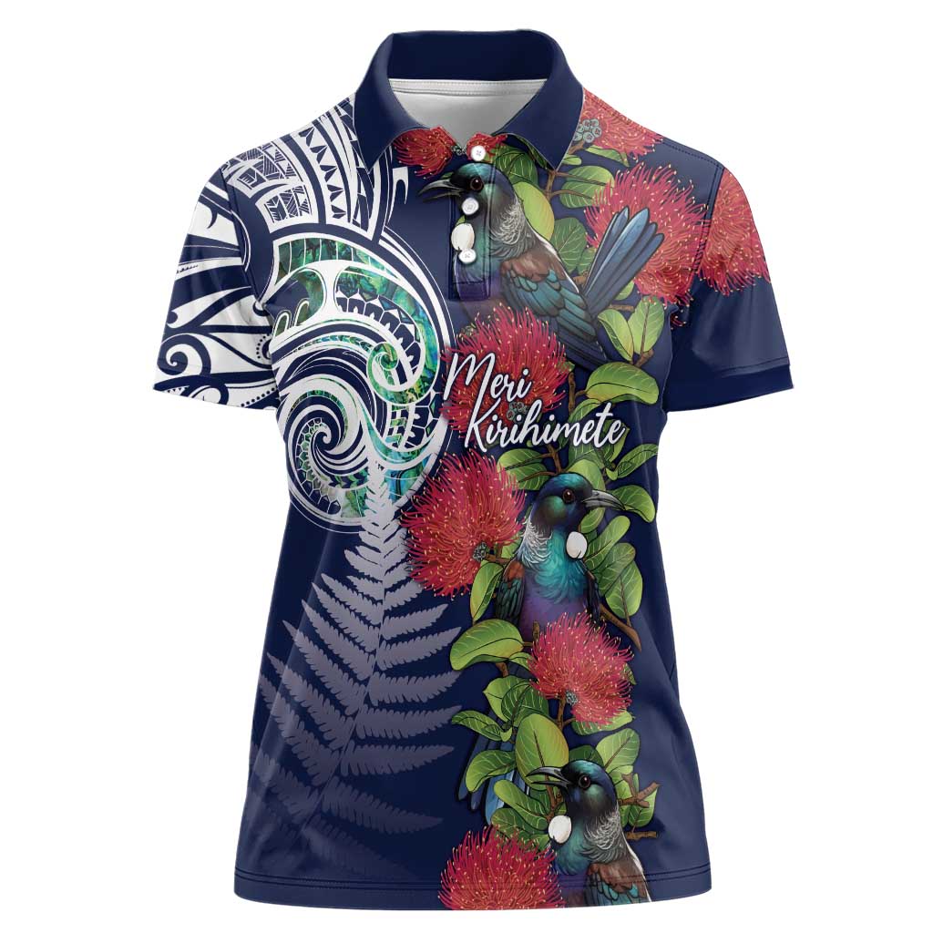 Meri Kirihimete New Zealand Women Polo Shirt Tui on Pohutukawa - Blue Ver