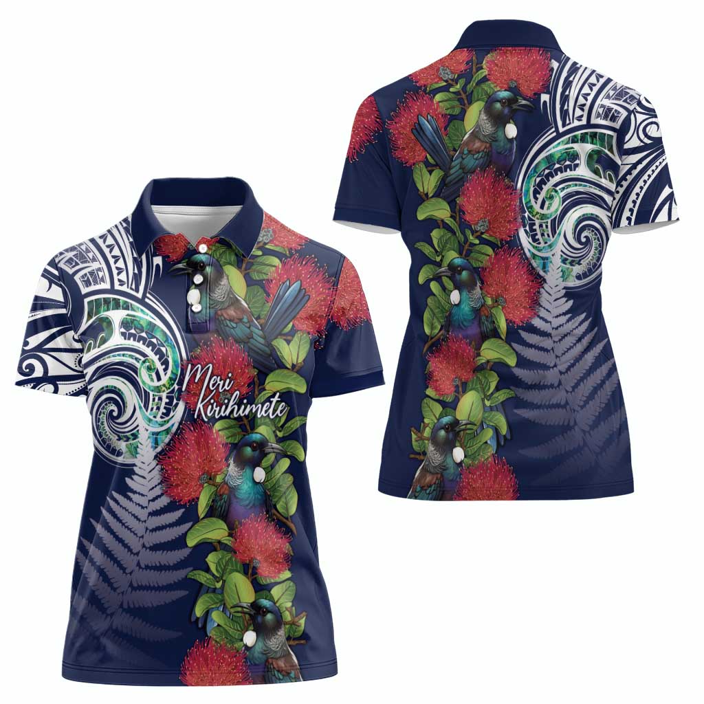 Meri Kirihimete New Zealand Women Polo Shirt Tui on Pohutukawa - Blue Ver