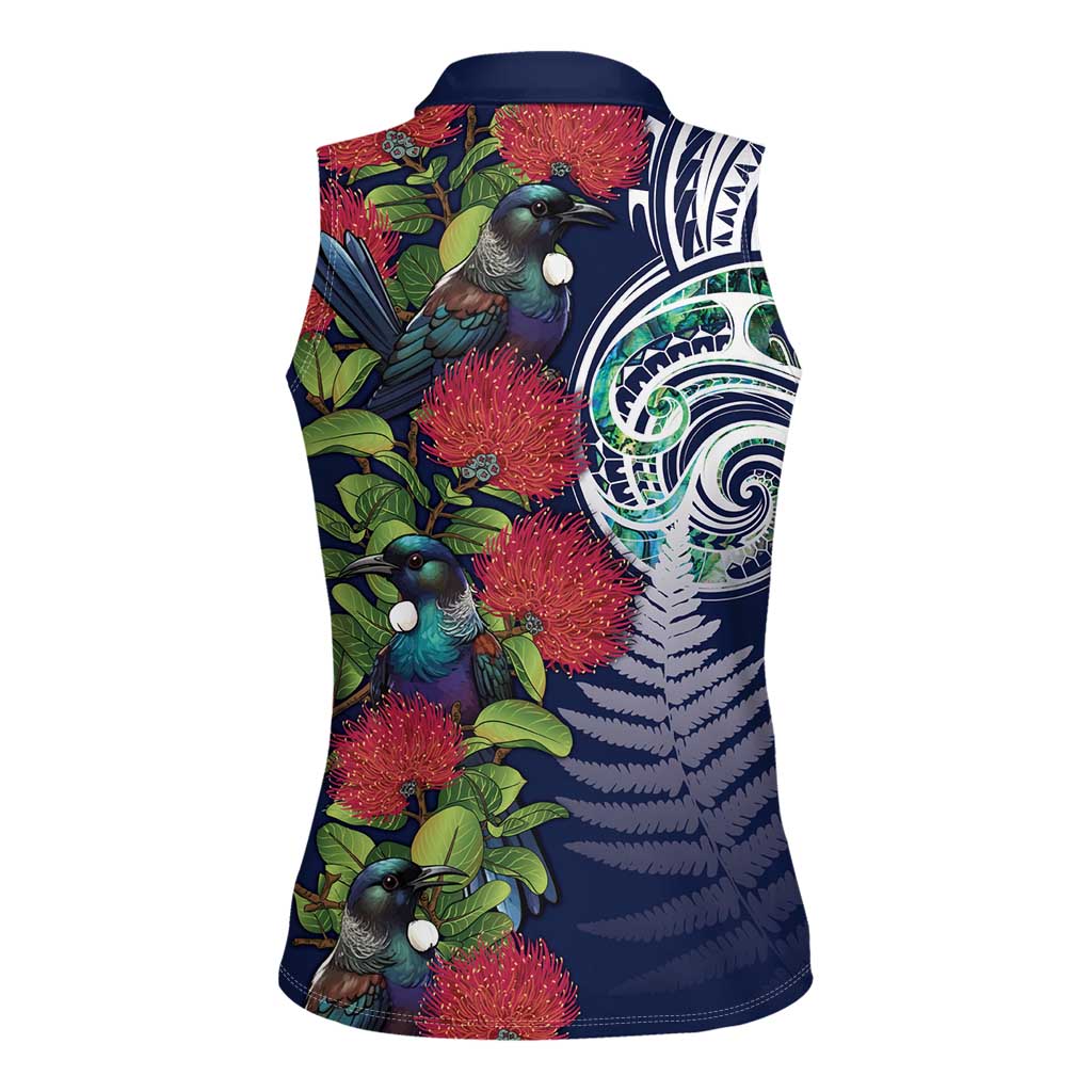 Meri Kirihimete New Zealand Women Sleeveless Polo Shirt Tui on Pohutukawa - Blue Ver