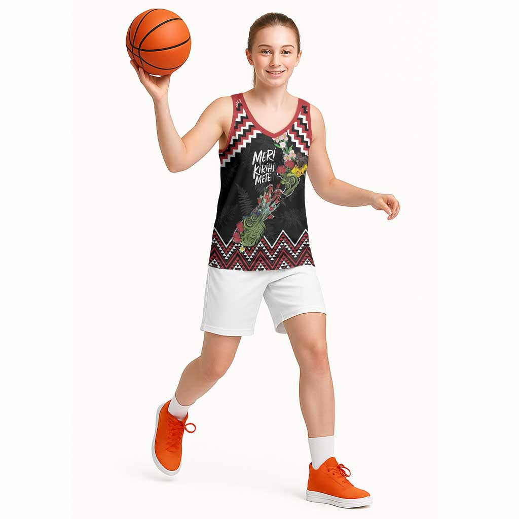 New Zealand Christmas Taniko Poutama Basketball Jersey Flora Map with Birds - Polynesian Pride