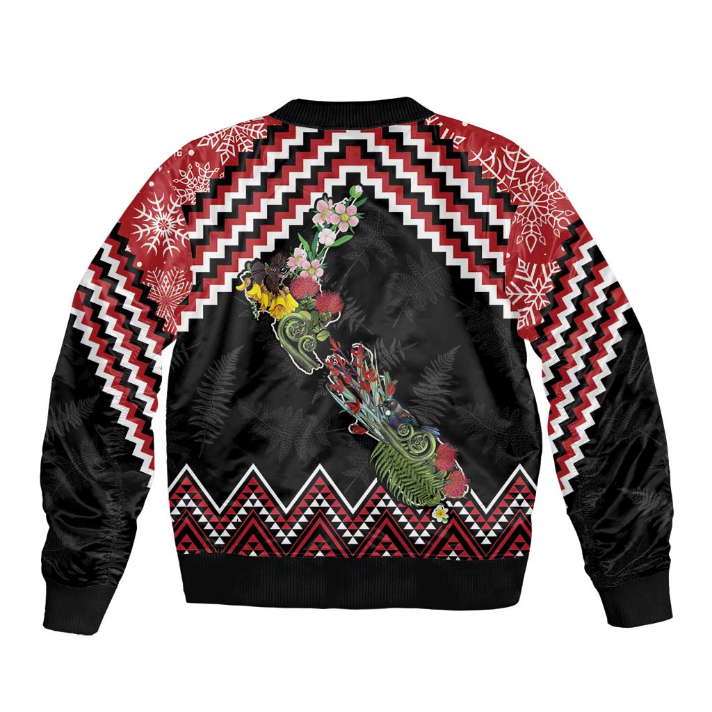 New Zealand Christmas Taniko Poutama Bomber Jacket Flora Map with Birds - Polynesian Pride