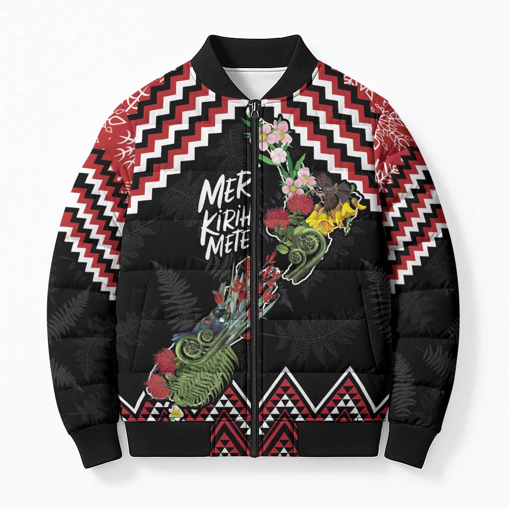 New Zealand Christmas Taniko Poutama Bomber Puffer Jacket Flora Map with Birds - Polynesian Pride
