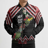 New Zealand Christmas Taniko Poutama Bomber Puffer Jacket Flora Map with Birds - Polynesian Pride