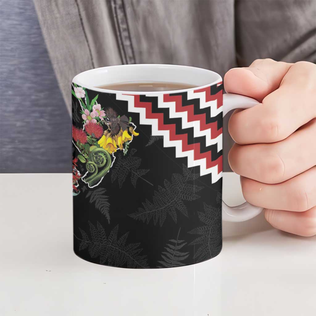 New Zealand Christmas Taniko Poutama Ceramic Mug Flora Map with Birds - Polynesian Pride