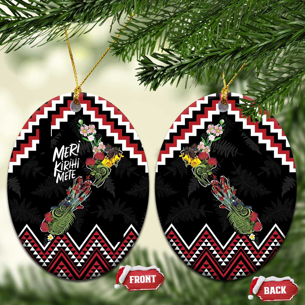 New Zealand Christmas Taniko Poutama Ceramic Ornament Flora Map with Birds - Polynesian Pride