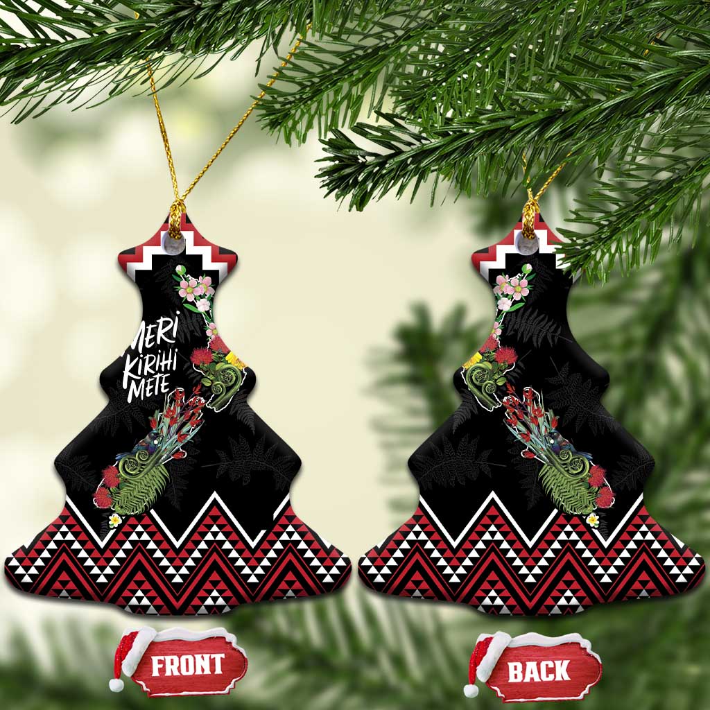 New Zealand Christmas Taniko Poutama Ceramic Ornament Flora Map with Birds - Polynesian Pride