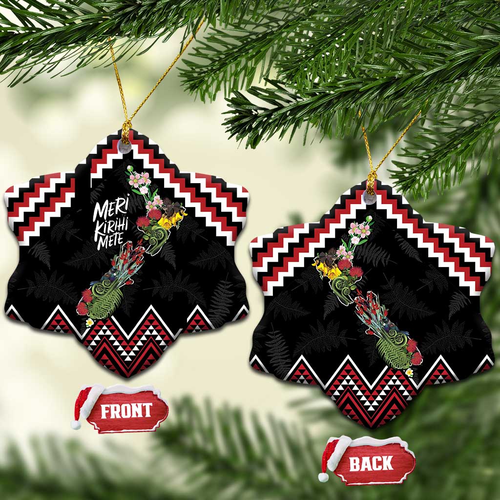 New Zealand Christmas Taniko Poutama Ceramic Ornament Flora Map with Birds - Polynesian Pride
