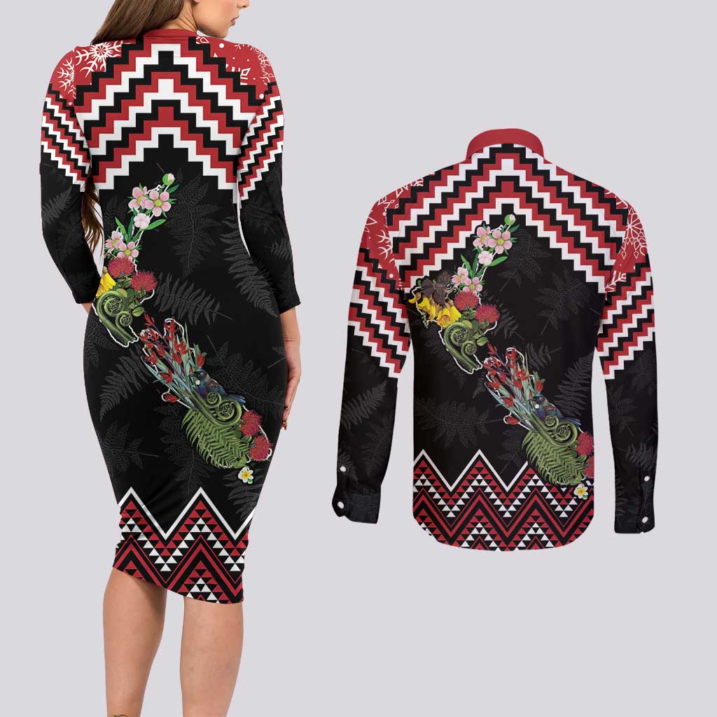 New Zealand Christmas Taniko Poutama Couples Matching Long Sleeve Bodycon Dress and Long Sleeve Button Shirt Flora Map with Birds - Polynesian Pride