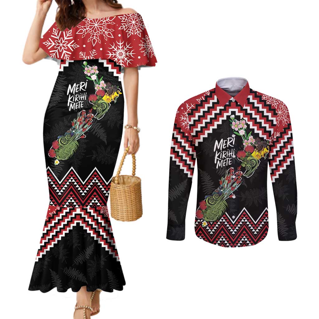 New Zealand Christmas Taniko Poutama Couples Matching Mermaid Dress and Long Sleeve Button Shirt Flora Map with Birds - Polynesian Pride