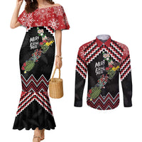 New Zealand Christmas Taniko Poutama Couples Matching Mermaid Dress and Long Sleeve Button Shirt Flora Map with Birds - Polynesian Pride