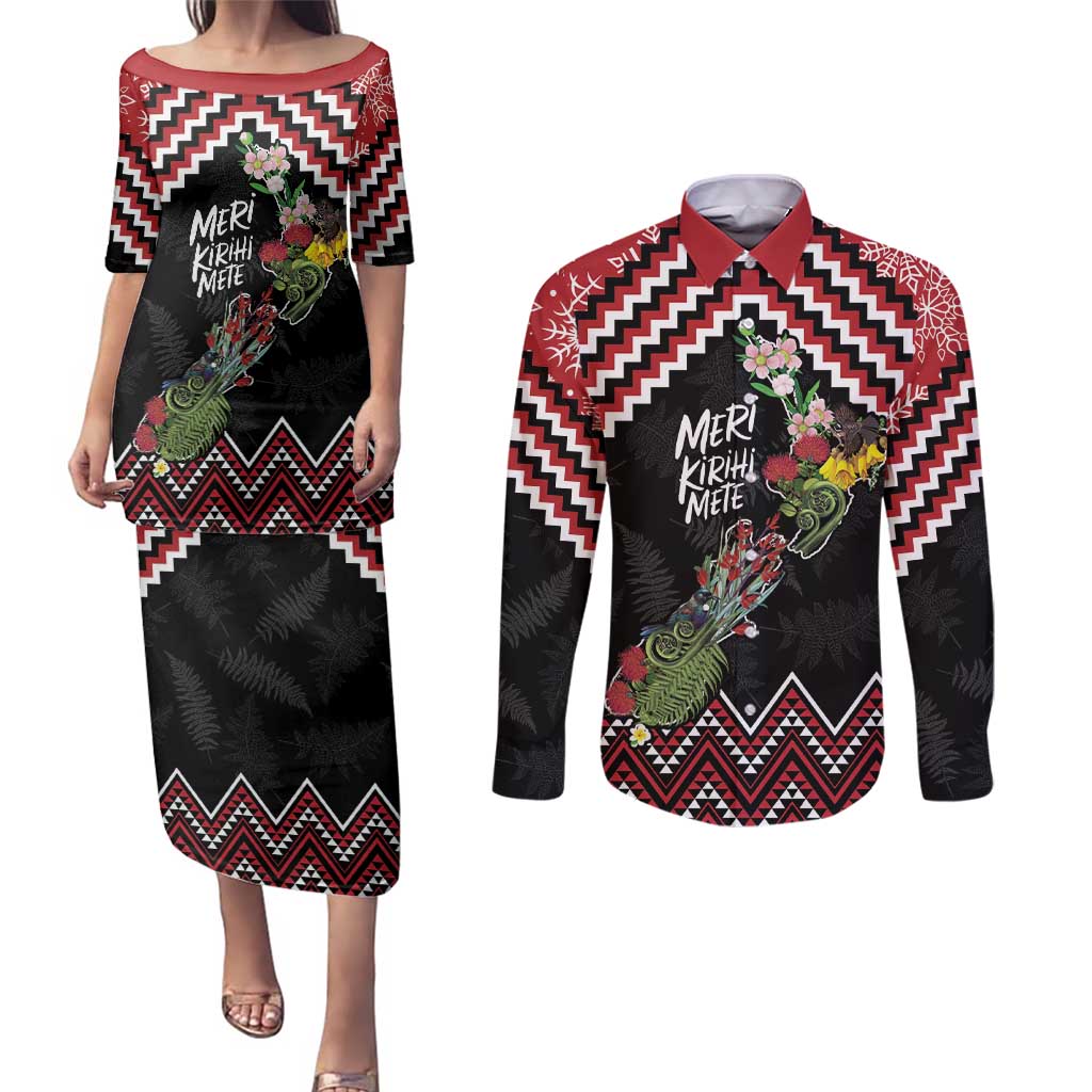 New Zealand Christmas Taniko Poutama Couples Matching Puletasi and Long Sleeve Button Shirt Flora Map with Birds - Polynesian Pride