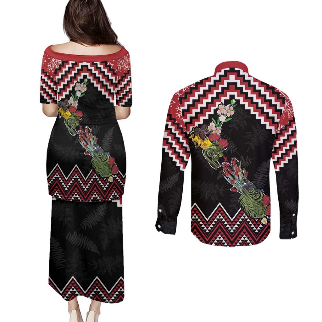 New Zealand Christmas Taniko Poutama Couples Matching Puletasi and Long Sleeve Button Shirt Flora Map with Birds - Polynesian Pride