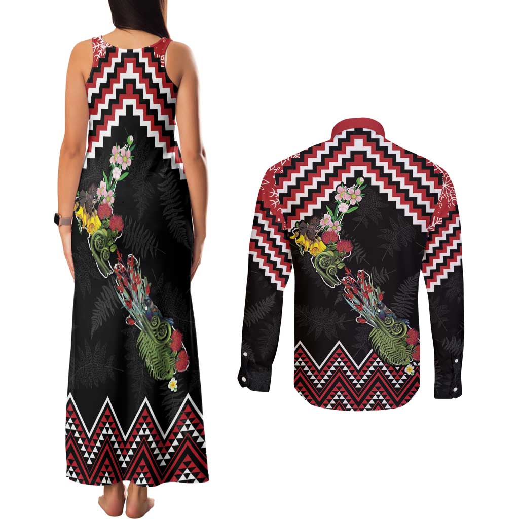 New Zealand Christmas Taniko Poutama Couples Matching Tank Maxi Dress and Long Sleeve Button Shirt Flora Map with Birds - Polynesian Pride