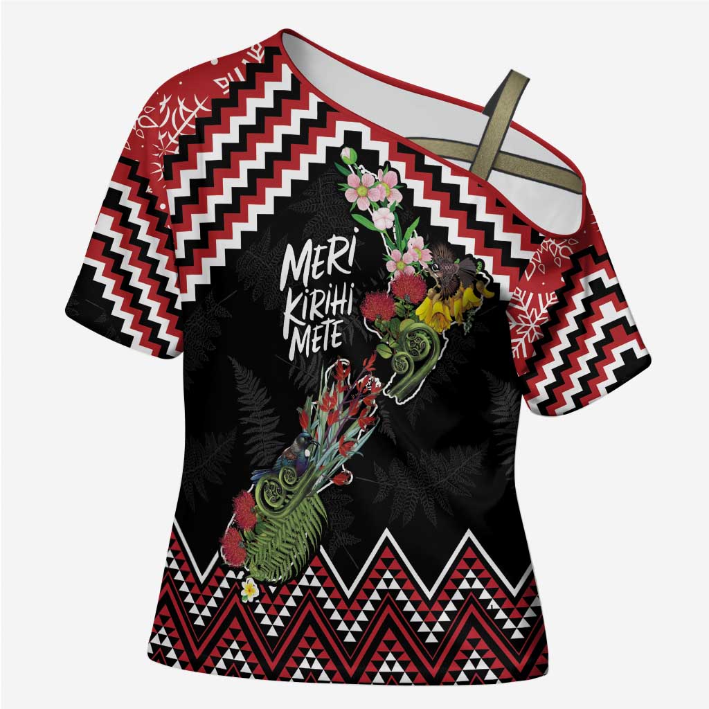 New Zealand Christmas Taniko Poutama Cross Shoulder Shirt Flora Map with Birds - Polynesian Pride