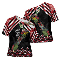 New Zealand Christmas Taniko Poutama Cross Shoulder Shirt Flora Map with Birds - Polynesian Pride