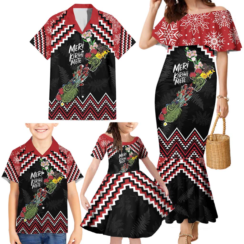 New Zealand Christmas Taniko Poutama Family Matching Mermaid Dress and Hawaiian Shirt Flora Map with Birds - Polynesian Pride