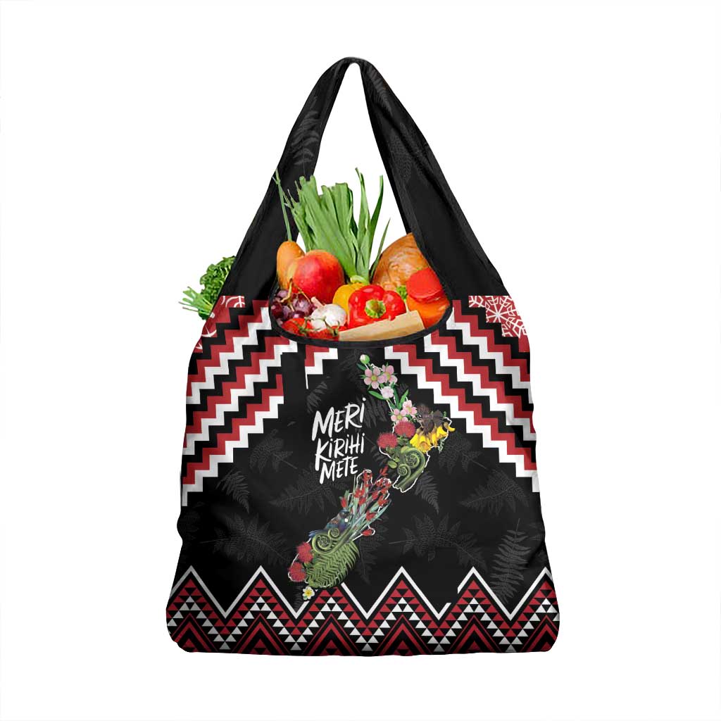 New Zealand Christmas Taniko Poutama Grocery Bag Flora Map with Birds - Polynesian Pride