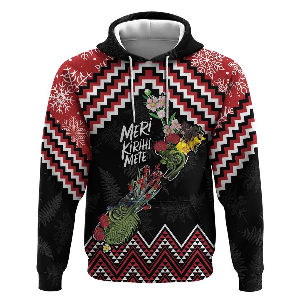 New Zealand Christmas Taniko Poutama Hoodie Flora Map with Birds - Polynesian Pride