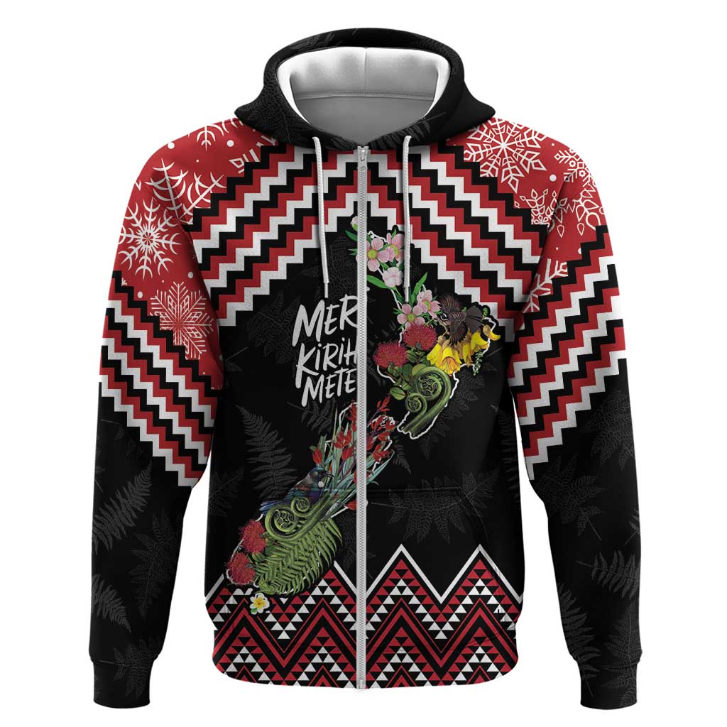 New Zealand Christmas Taniko Poutama Hoodie Flora Map with Birds - Polynesian Pride