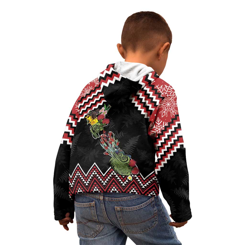 New Zealand Christmas Taniko Poutama Kid Hoodie Flora Map with Birds - Polynesian Pride