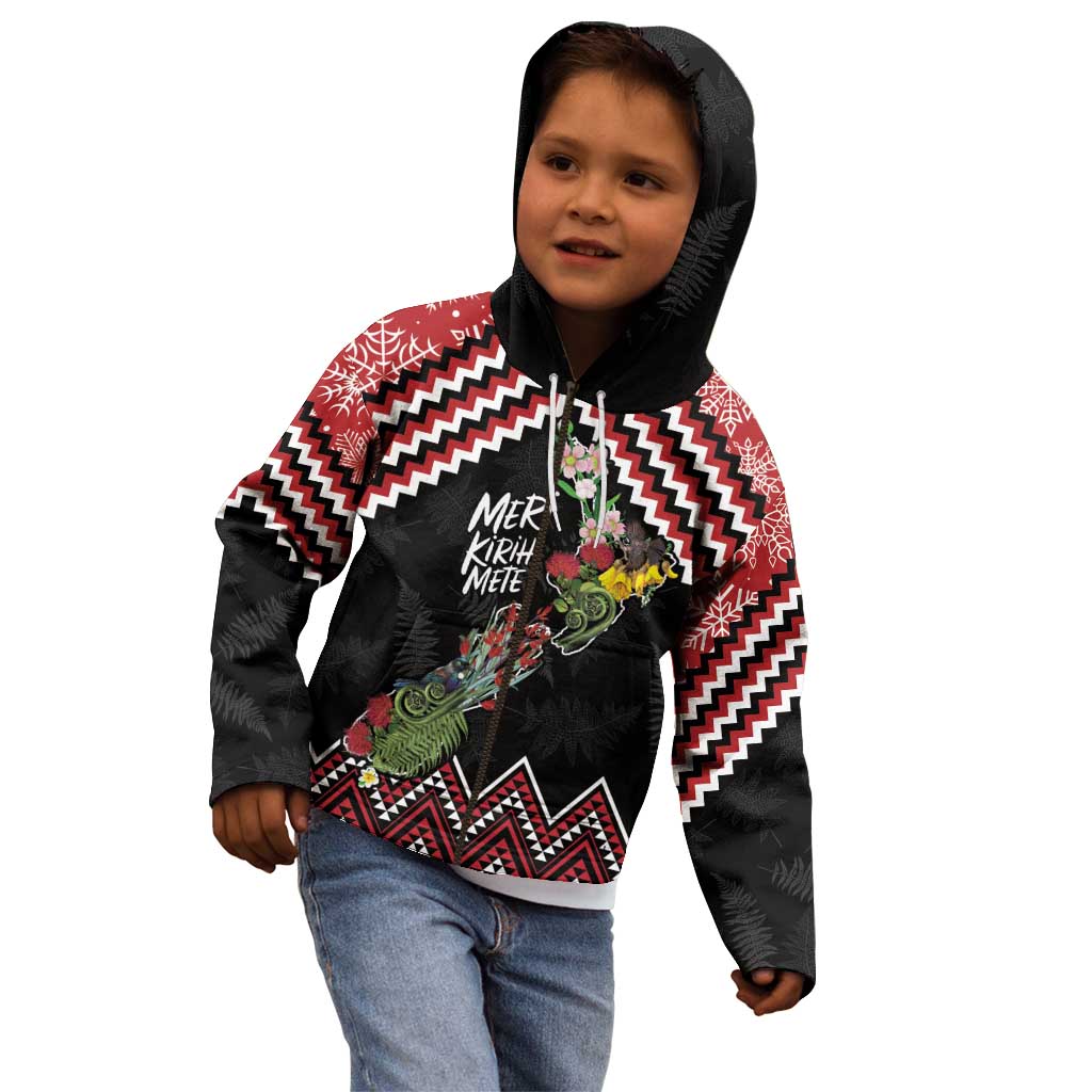 New Zealand Christmas Taniko Poutama Kid Hoodie Flora Map with Birds - Polynesian Pride