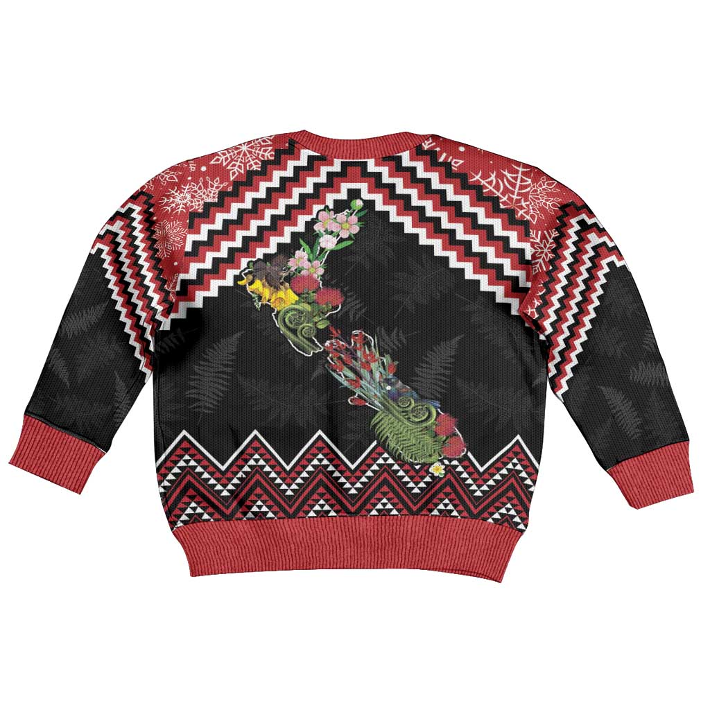 New Zealand Christmas Taniko Poutama Kid Ugly Christmas Sweater Flora Map with Birds - Polynesian Pride