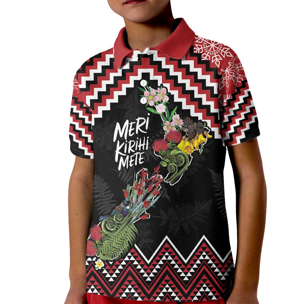 New Zealand Christmas Taniko Poutama Kid Polo Shirt Flora Map with Birds - Polynesian Pride