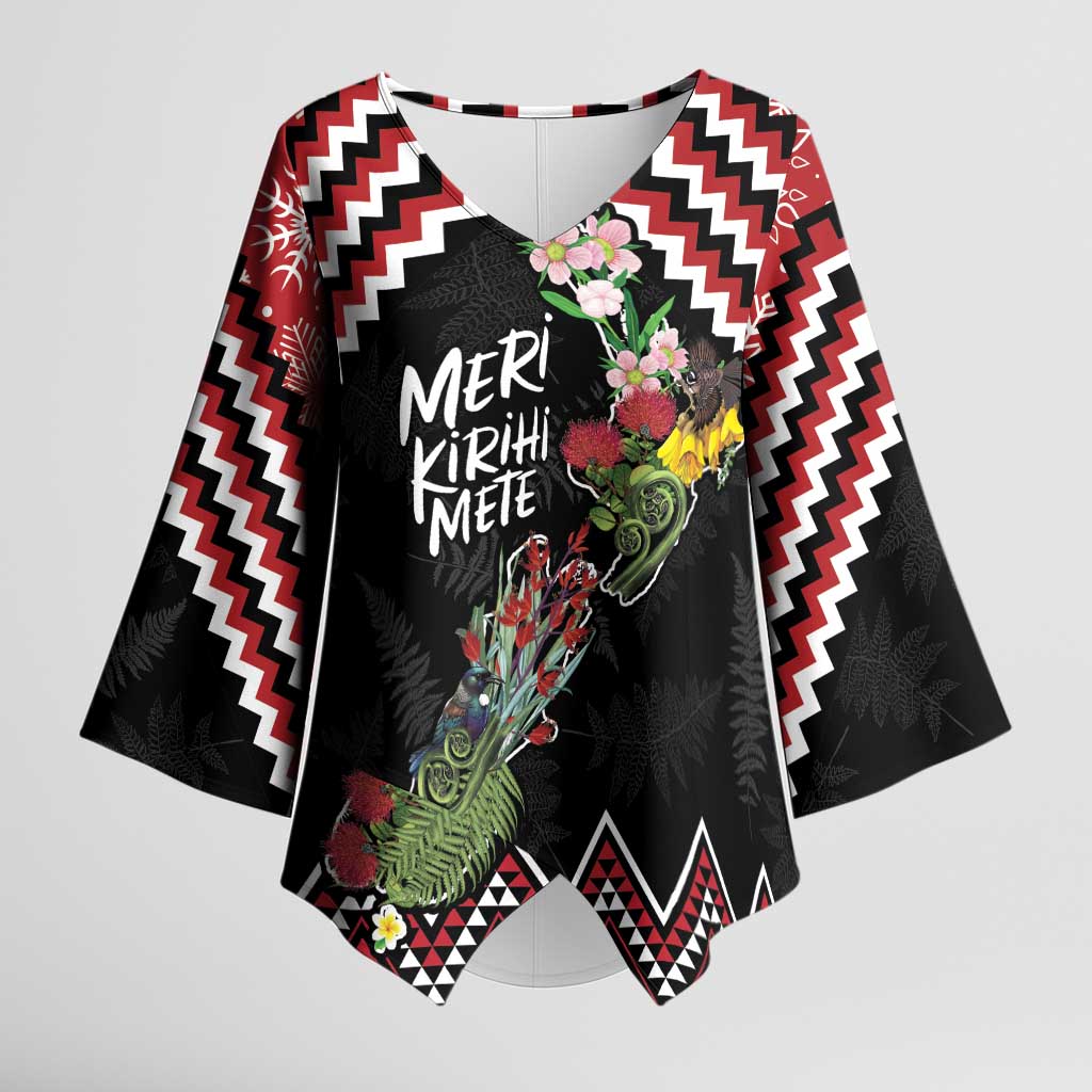 New Zealand Christmas Taniko Poutama Kimono Sleeve Blouse Flora Map with Birds - Polynesian Pride