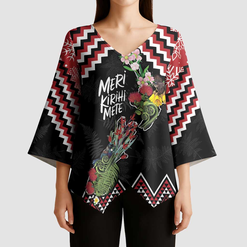New Zealand Christmas Taniko Poutama Kimono Sleeve Blouse Flora Map with Birds - Polynesian Pride