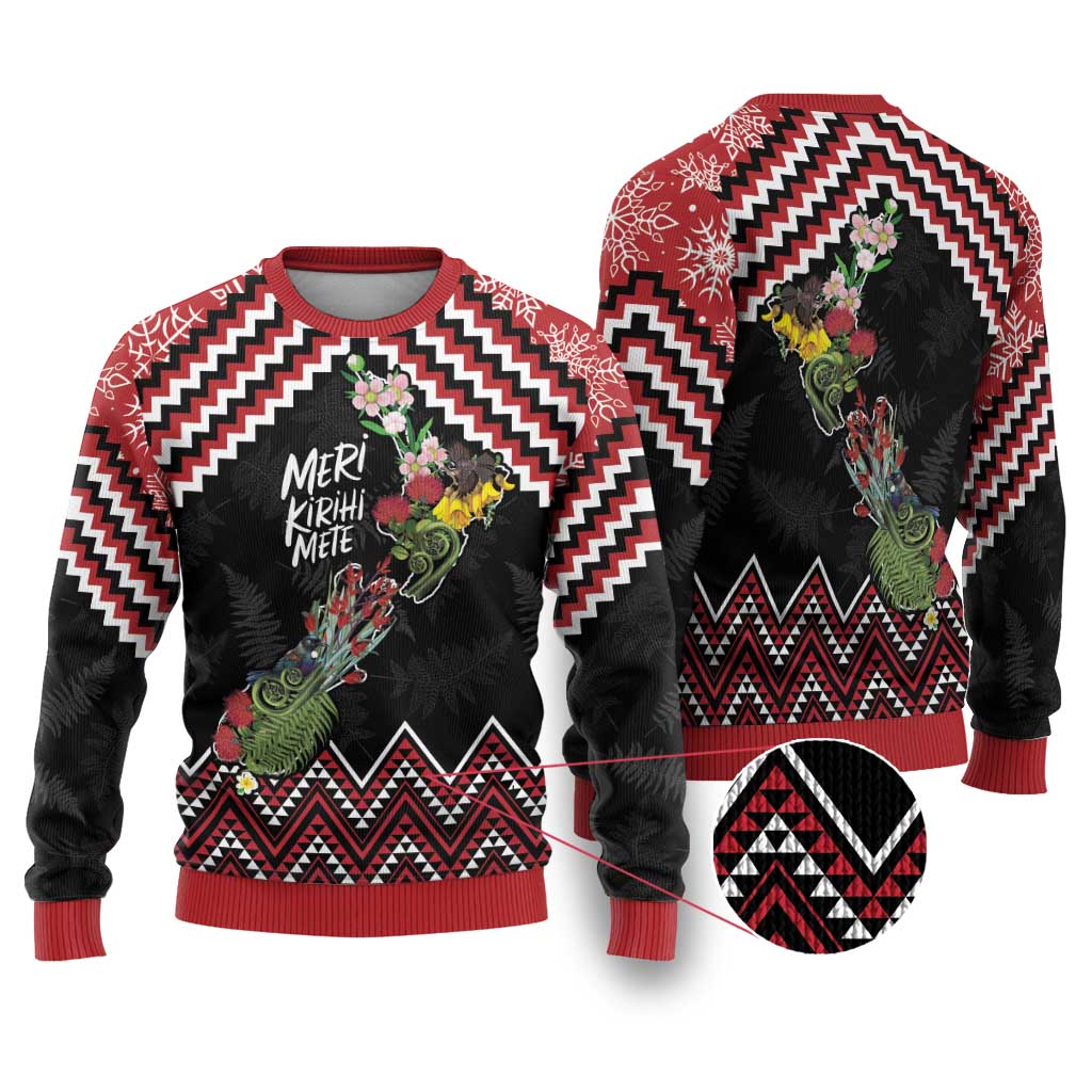 New Zealand Christmas Taniko Poutama Ugly Christmas Sweater Flora Map with Birds - Polynesian Pride