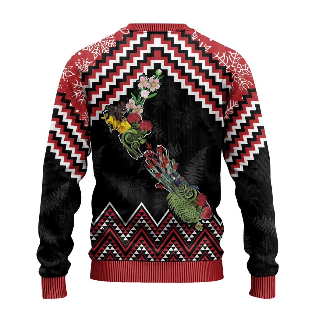 New Zealand Christmas Taniko Poutama Ugly Christmas Sweater Flora Map with Birds - Polynesian Pride
