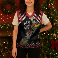 New Zealand Christmas Taniko Poutama Christmas Knitted V-Neck Vest Flora Map with Birds - Polynesian Pride