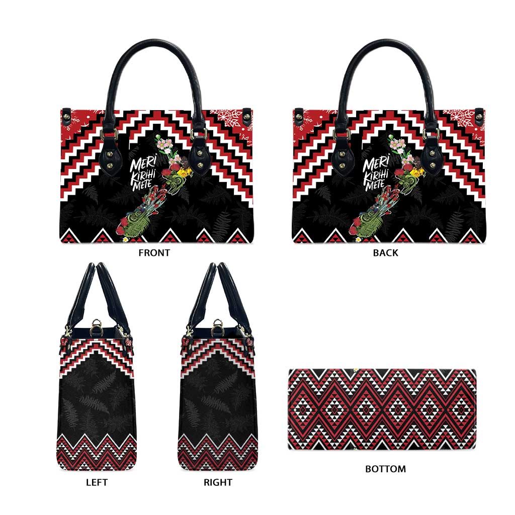 New Zealand Christmas Taniko Poutama Leather Bag Flora Map with Birds - Polynesian Pride