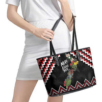 New Zealand Christmas Taniko Poutama Leather Tote Bag Flora Map with Birds - Polynesian Pride