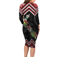 New Zealand Christmas Taniko Poutama Long Sleeve Bodycon Dress Flora Map with Birds - Polynesian Pride