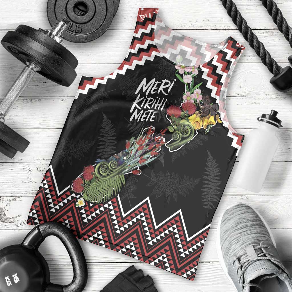 New Zealand Christmas Taniko Poutama Men Tank Top Flora Map with Birds - Polynesian Pride