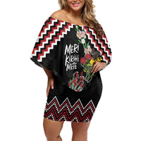 New Zealand Christmas Taniko Poutama Off Shoulder Short Dress Flora Map with Birds - Polynesian Pride