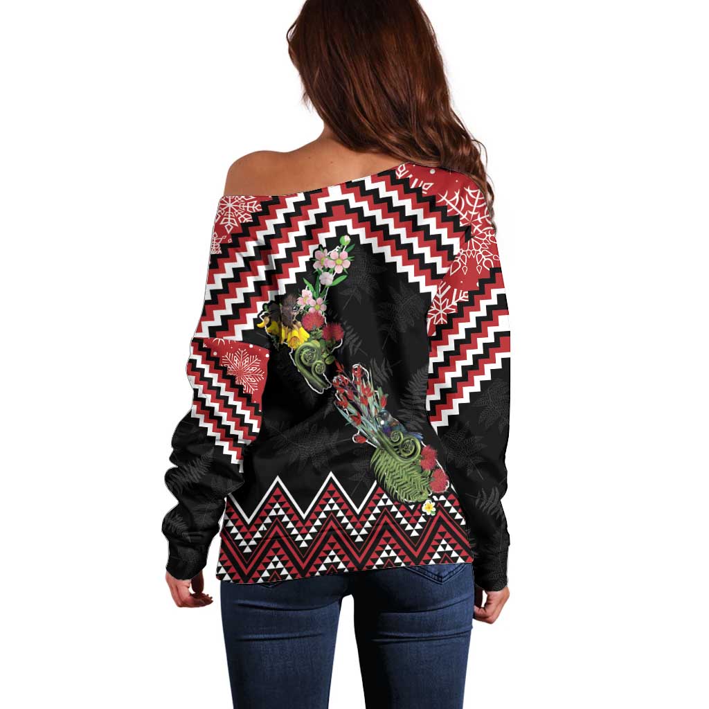 New Zealand Christmas Taniko Poutama Off Shoulder Sweater Flora Map with Birds - Polynesian Pride