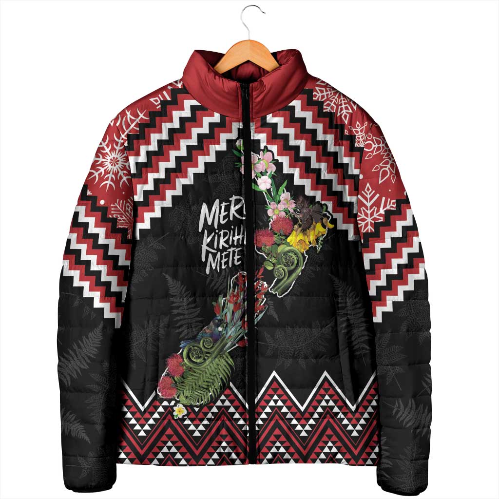 New Zealand Christmas Taniko Poutama Padded Jacket Flora Map with Birds - Polynesian Pride
